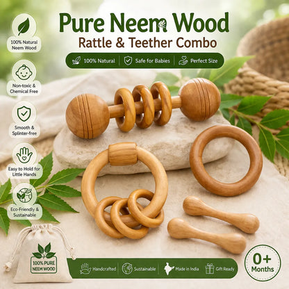 Natural Neem Wood Baby Teether Rattle Combo Set Of 4 Safe Durable Infant Toys