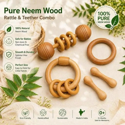 Natural Neem Wood Baby Teether Rattle Combo Set Of 4 Safe Durable Infant Toys
