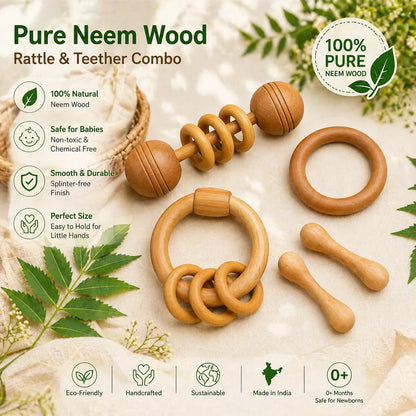 Natural Neem Wood Baby Teether Rattle Combo Set Of 4 Safe Durable Infant Toys