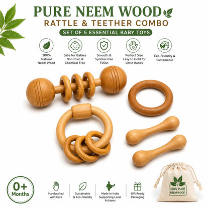 Natural Neem Wood Baby Teether Rattle Combo Set Of 4 Safe Durable Infant Toys