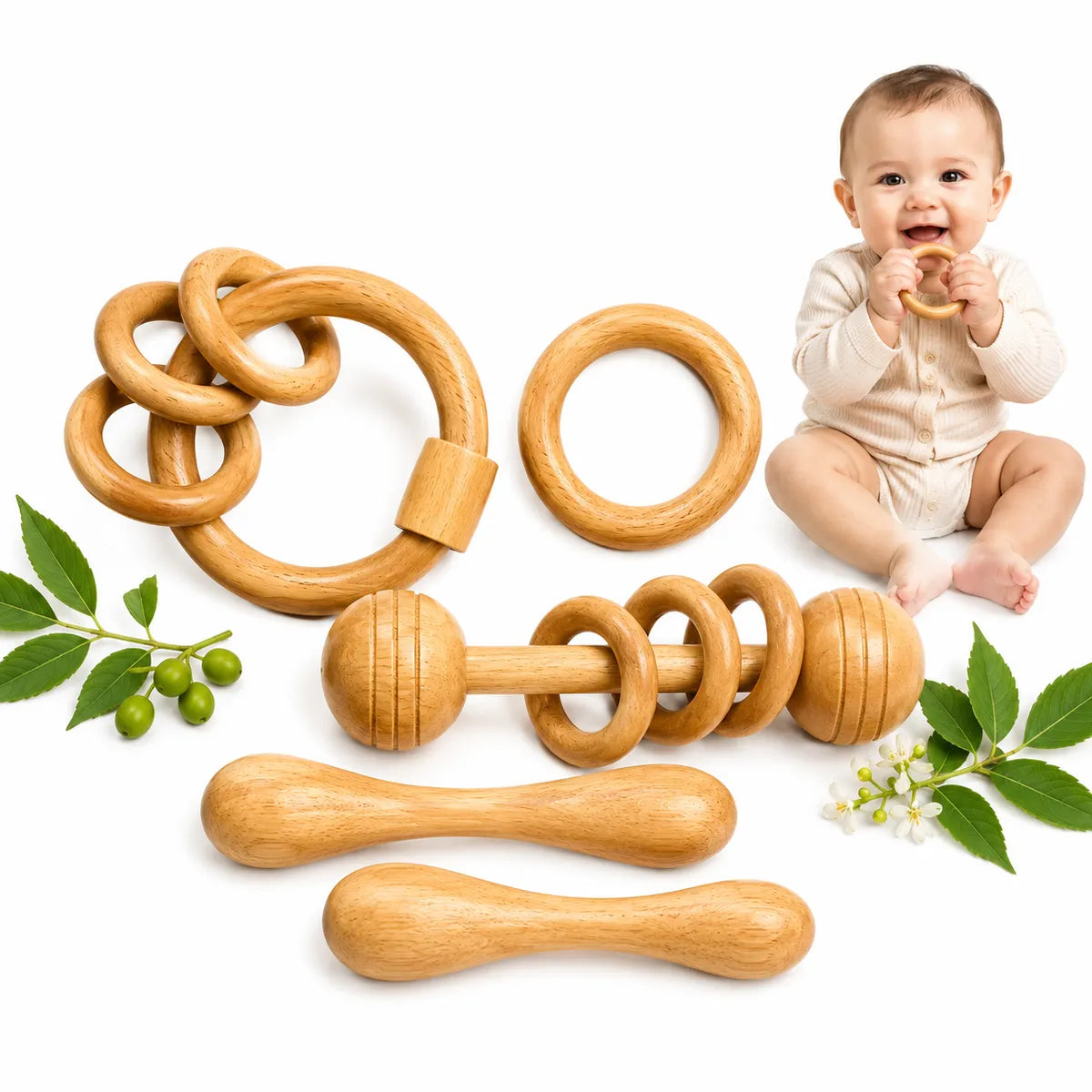 Natural Neem Wood Baby Teether Rattle Combo Set Of 4 Safe Durable Infant Toys