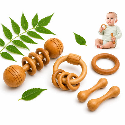 Natural Neem Wood Baby Teether Rattle Combo Set Of 4 Safe Durable Infant Toys