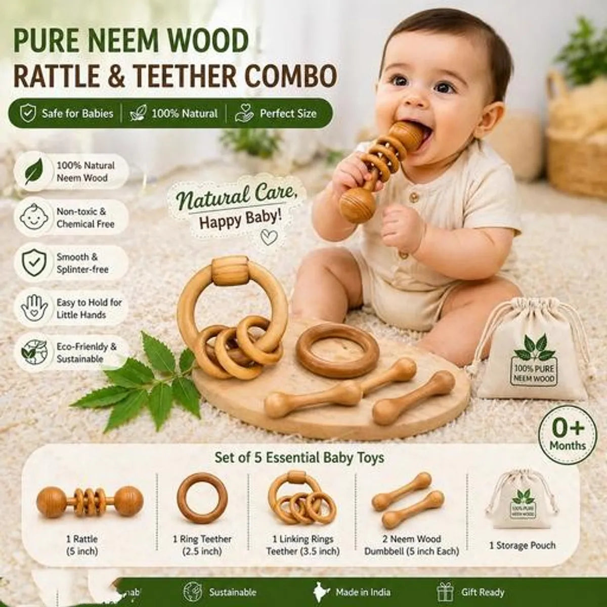 Natural Neem Wood Baby Teether Rattle Combo Set Of 4 Safe Durable Infant Toys
