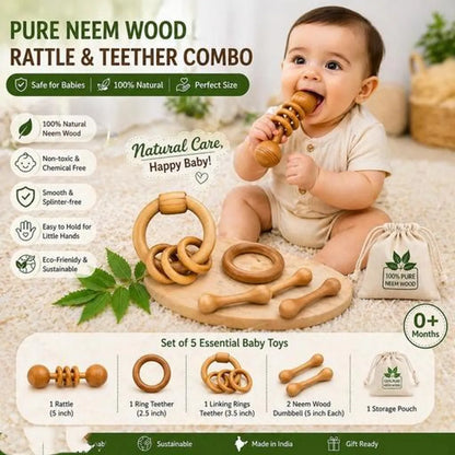 Natural Neem Wood Baby Teether Rattle Combo Set Of 4 Safe Durable Infant Toys